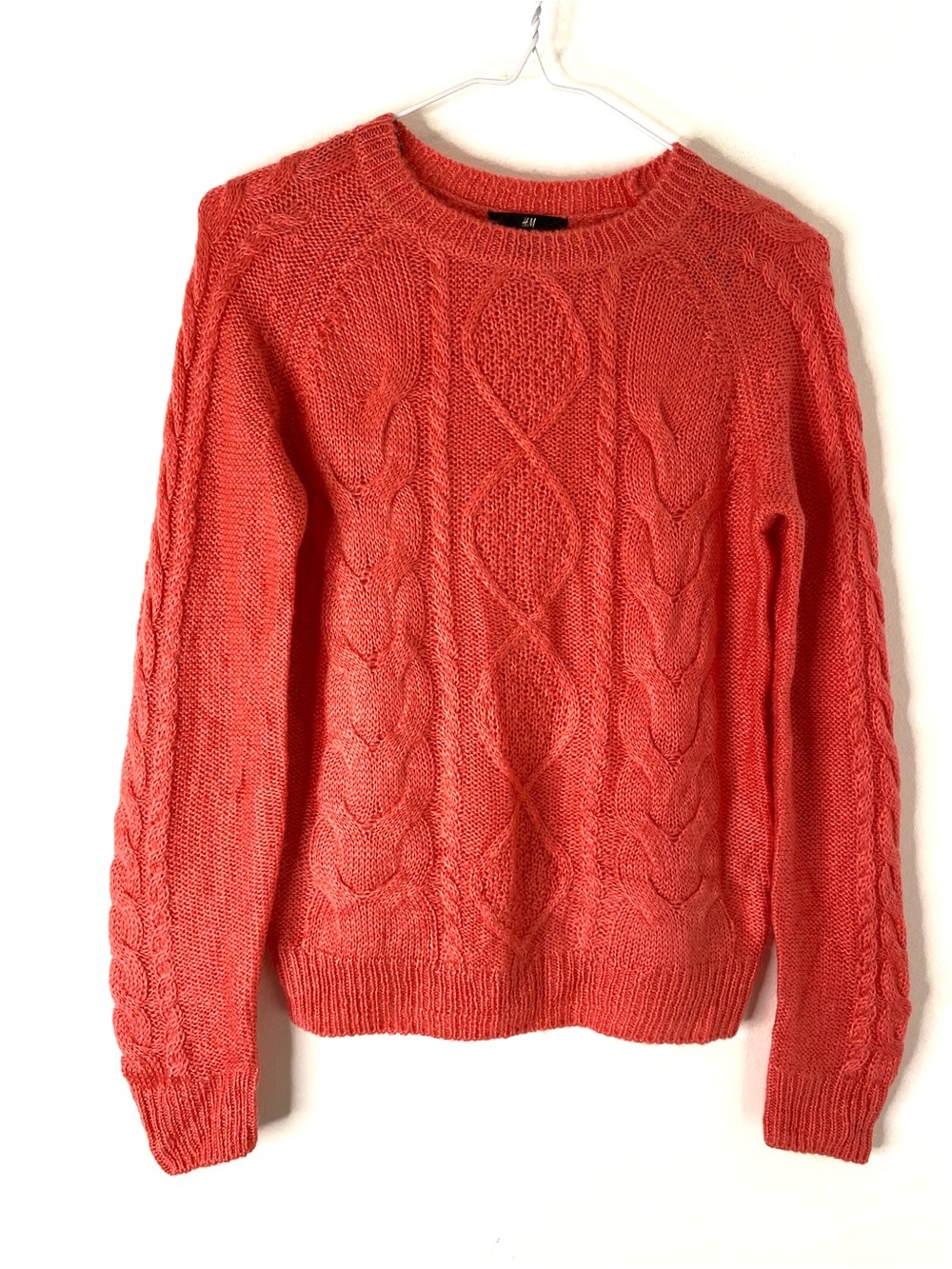 H&M Coral Pink Mohair Blend Cable Knit Crewneck Sweater